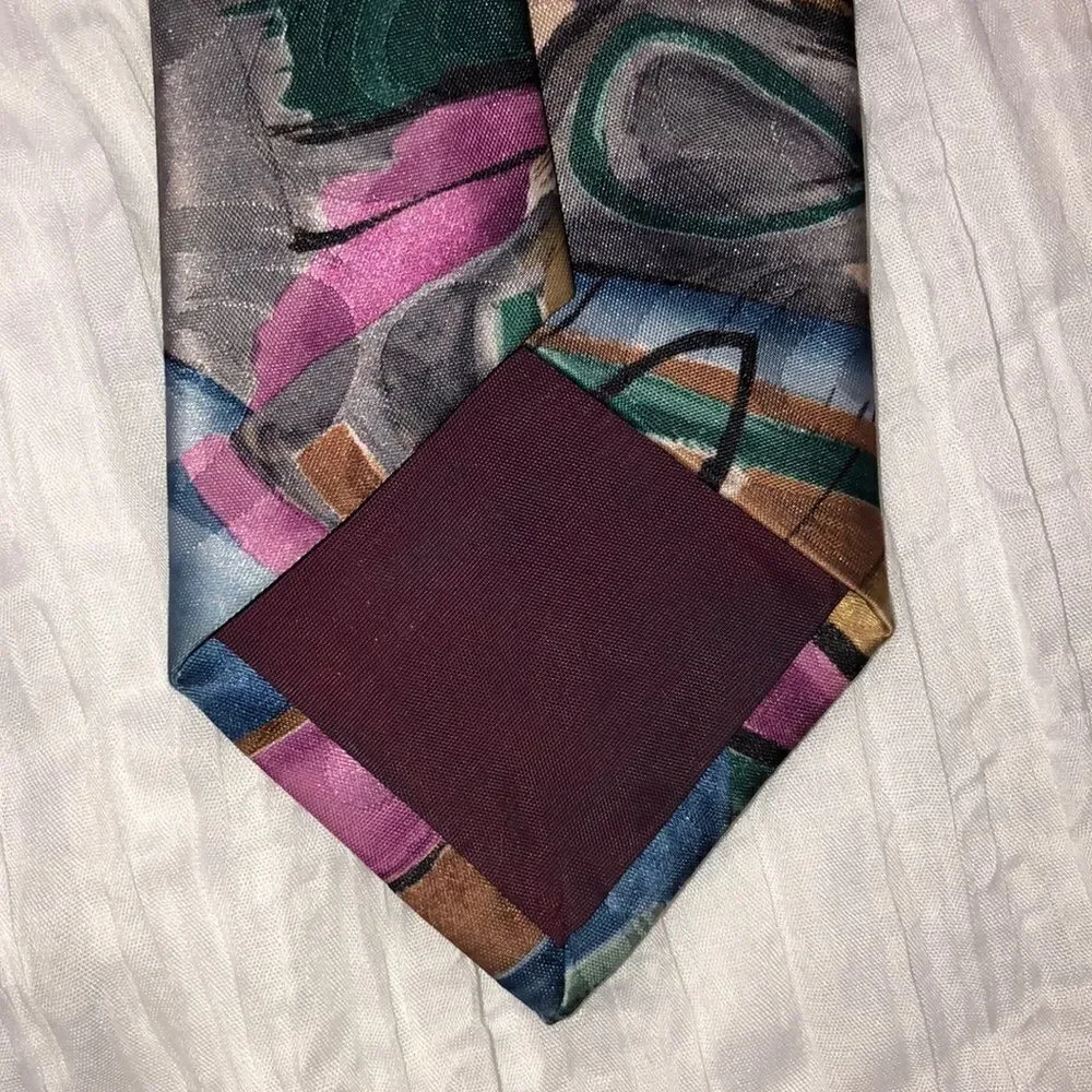 Adolfo Pink Blue Light Brown Black Artsy Polyester Designer Tie